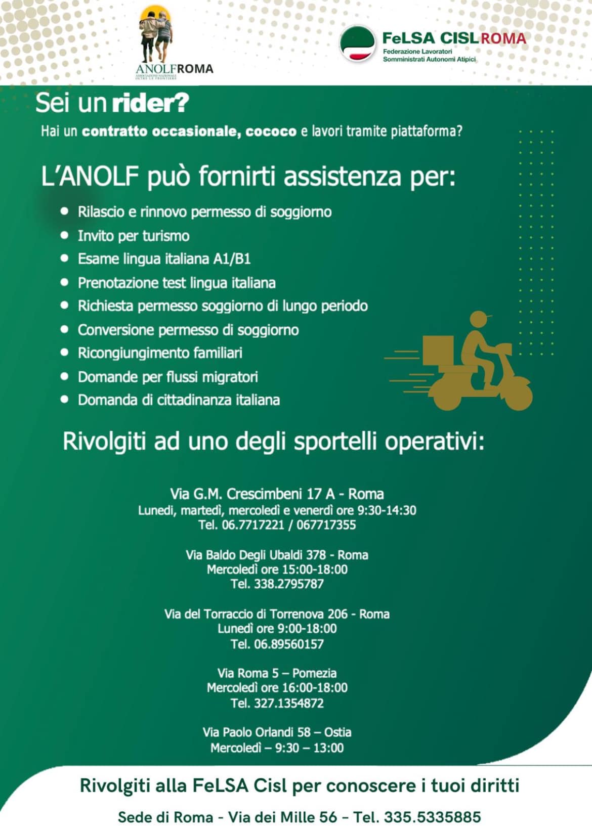 ANOLF e Felsa CISL Roma, insieme per la tutela e il sostegno dei Rider: “Un aiuto concreto per chi lavora attraverso le piattaforme”.